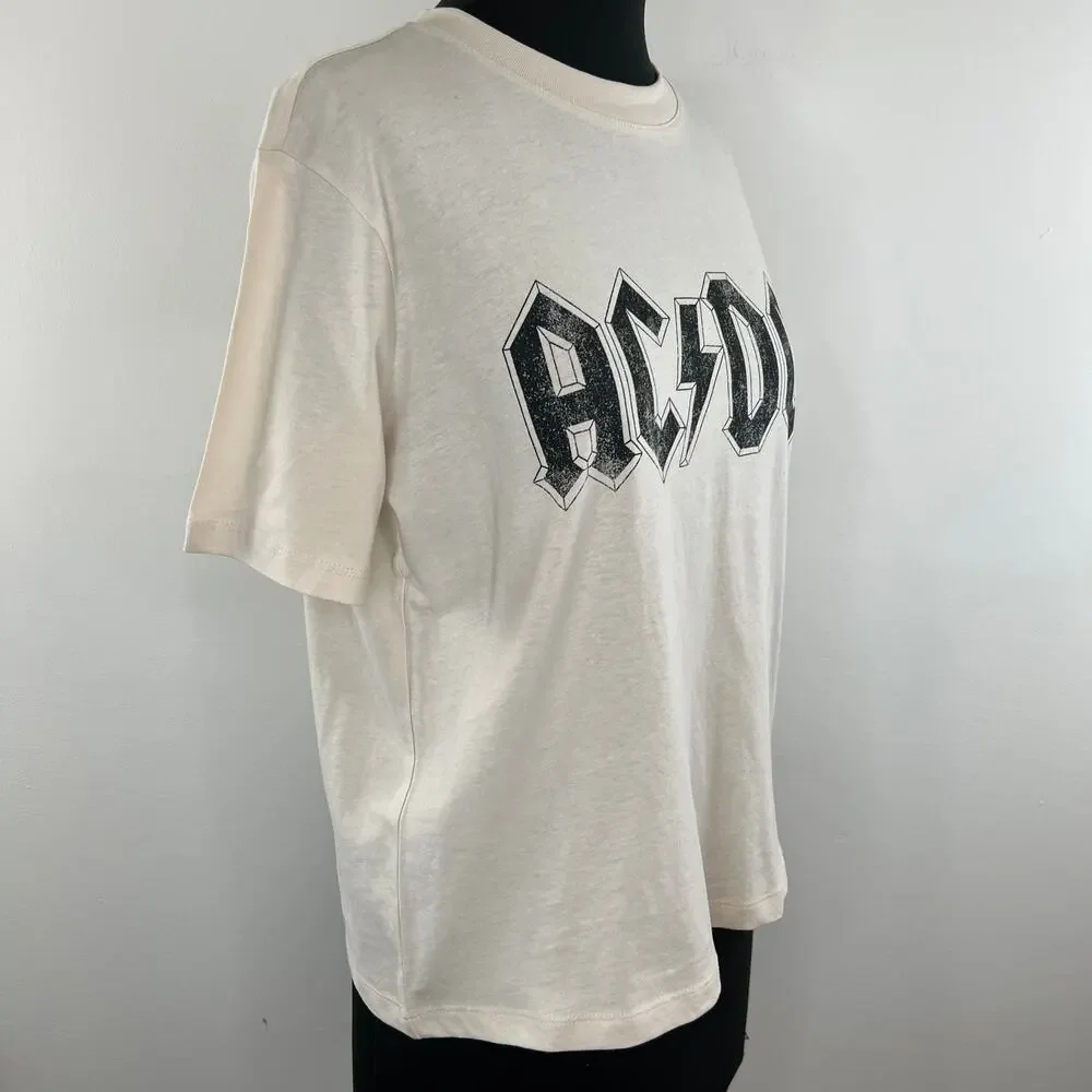 AC/DC x H&M Cream Short Sleeve Crewneck Cotton Graphic Print Tee Size S Small
